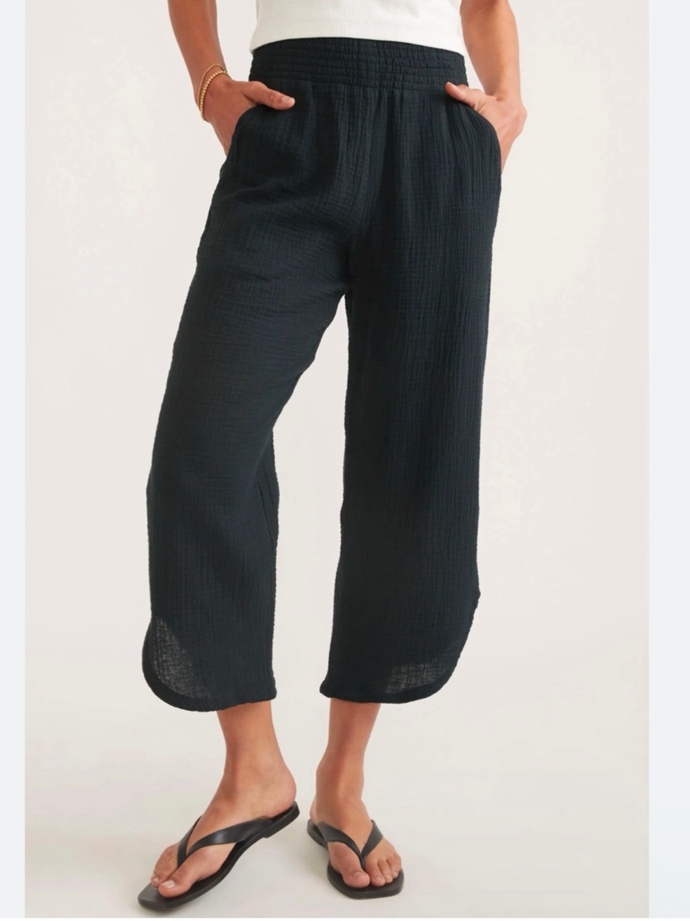 Marine Layer Medium Corinne Wide Leg Double Cloth Cotton Pants Black Gauze